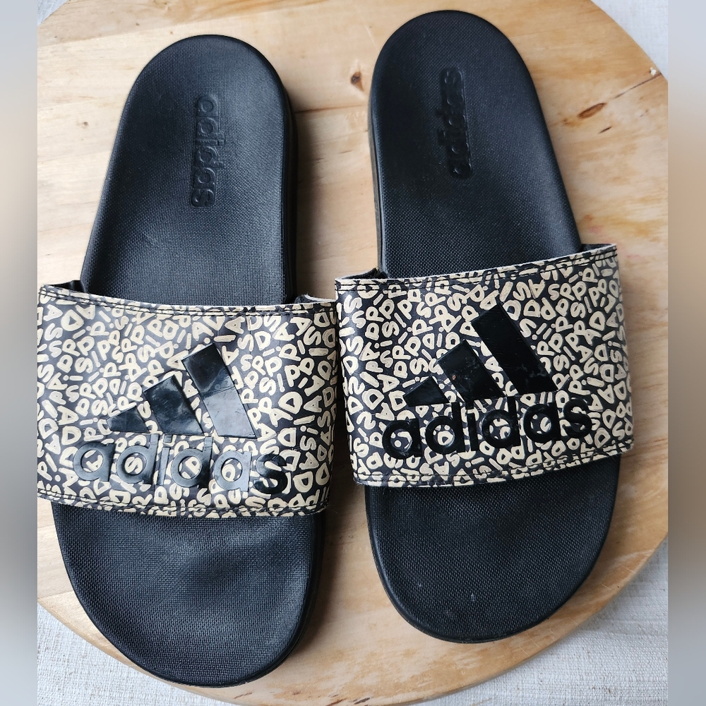 Adidas Black and Gold Patterned Slides